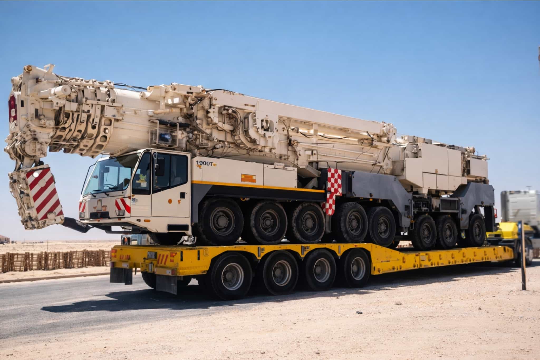 Large crane being transported on multi-axle lowbed trailer
