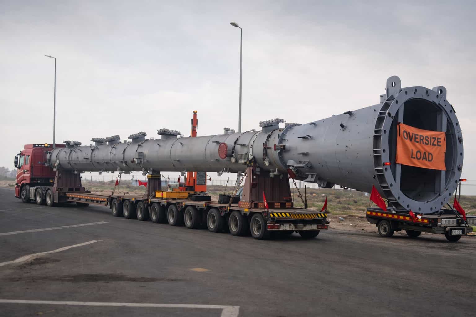 Oversized cylindrical industrial cargo with OVERSIZE LOAD sign on multi-axle trailer
